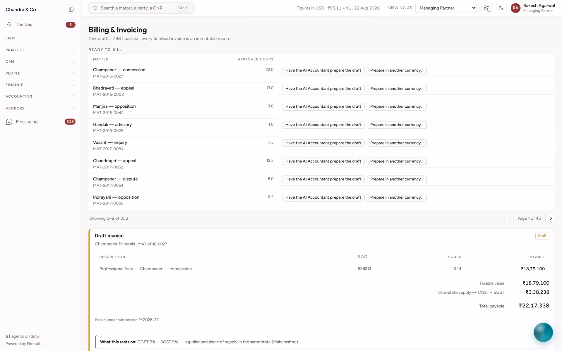 Billing, in Firmtalk AI: Approved time, ready to bill. The AI Accountant drafts each invoice, and an authorised person sends it.