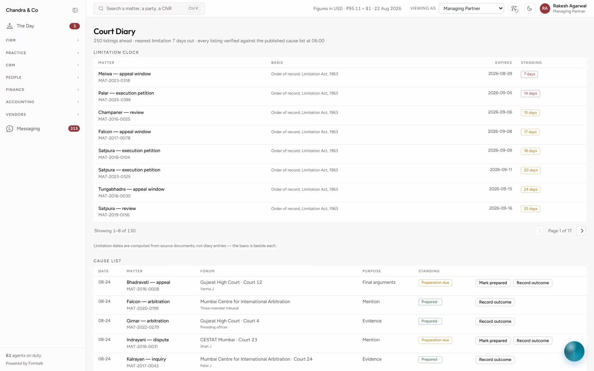 Court diary, in Firmtalk AI: Limitation dates worked out from each court order, and tomorrow’s hearings across every court.