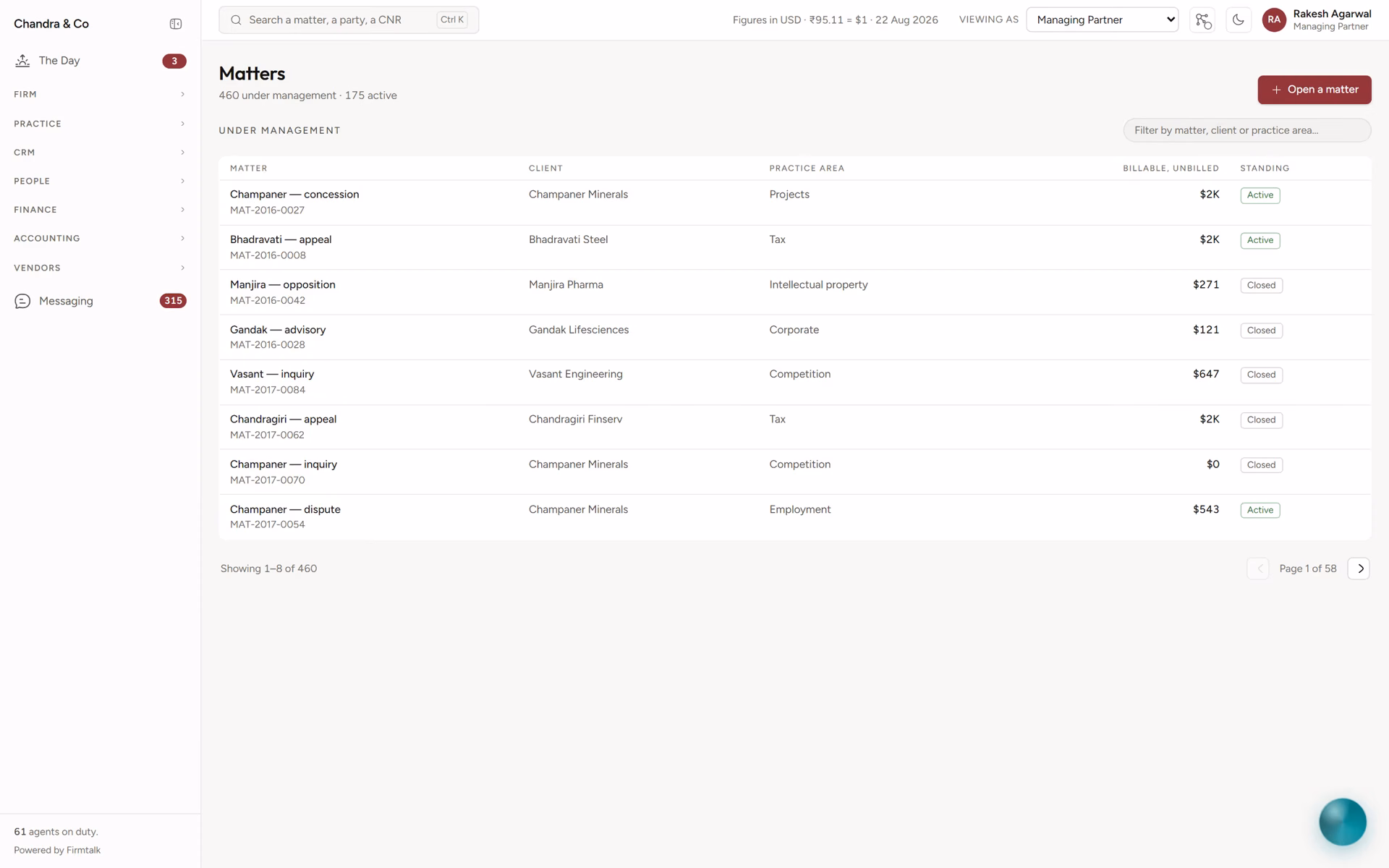 Matters, in Firmtalk AI: Every open matter, with its unbilled work and current status.