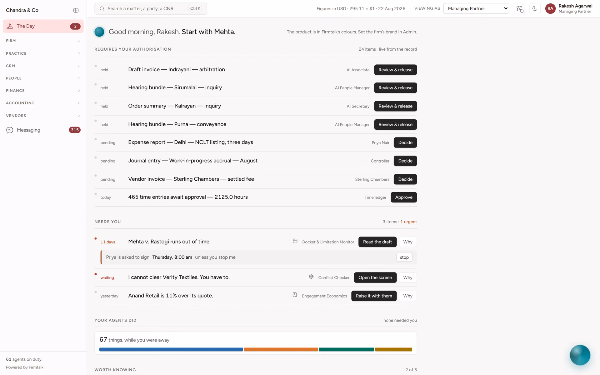 The Day, in Firmtalk AI: Everything waiting for your approval, with each item showing which AI assistant prepared it.