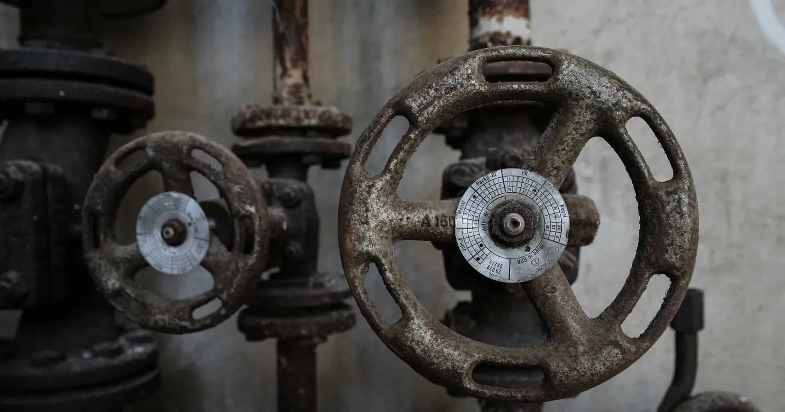 Two weathered iron gate valves on pipework against a concrete wall.