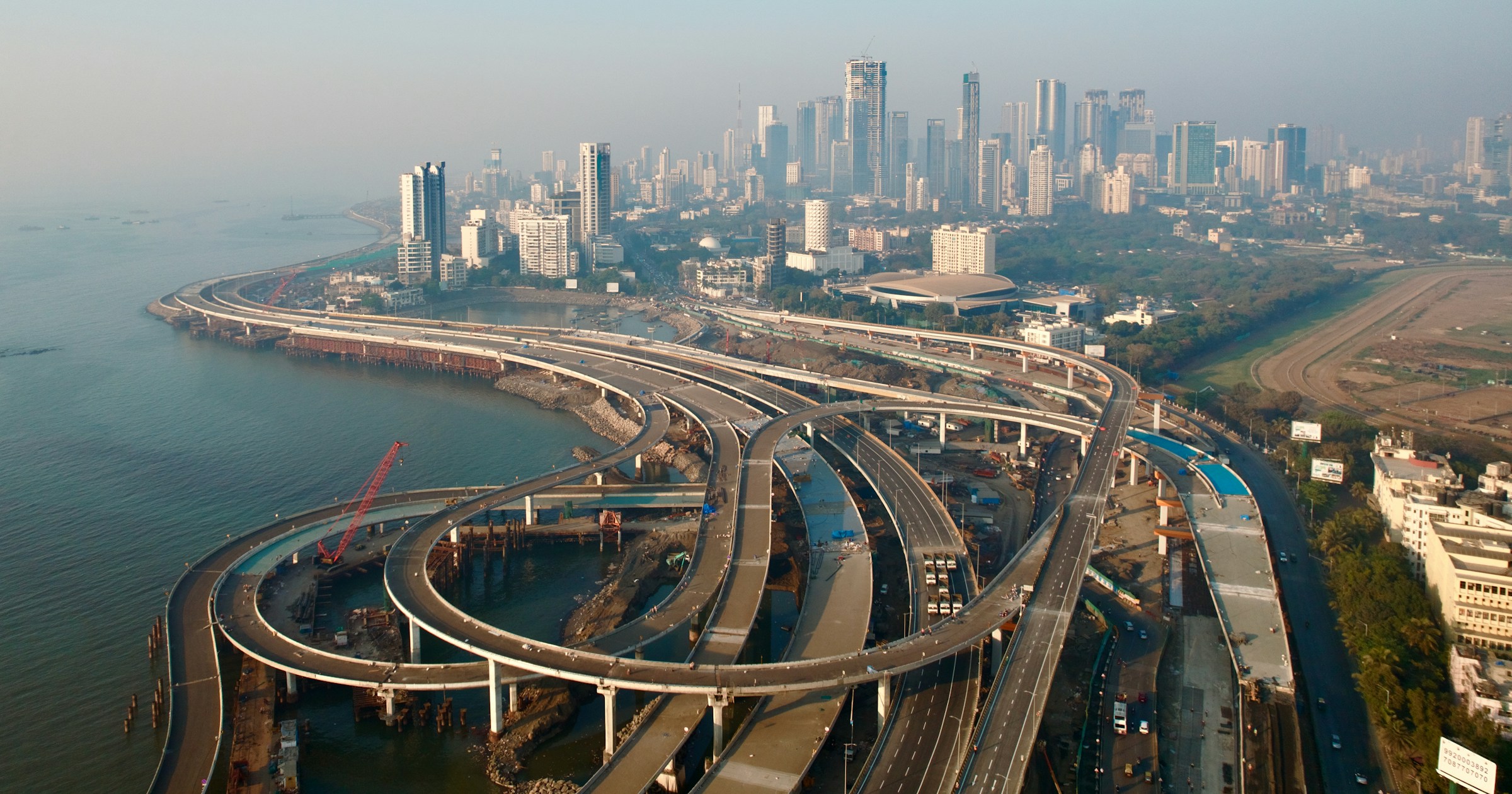 Drone aerial of the new Mumbai Coastal Road at Worli Sea Face